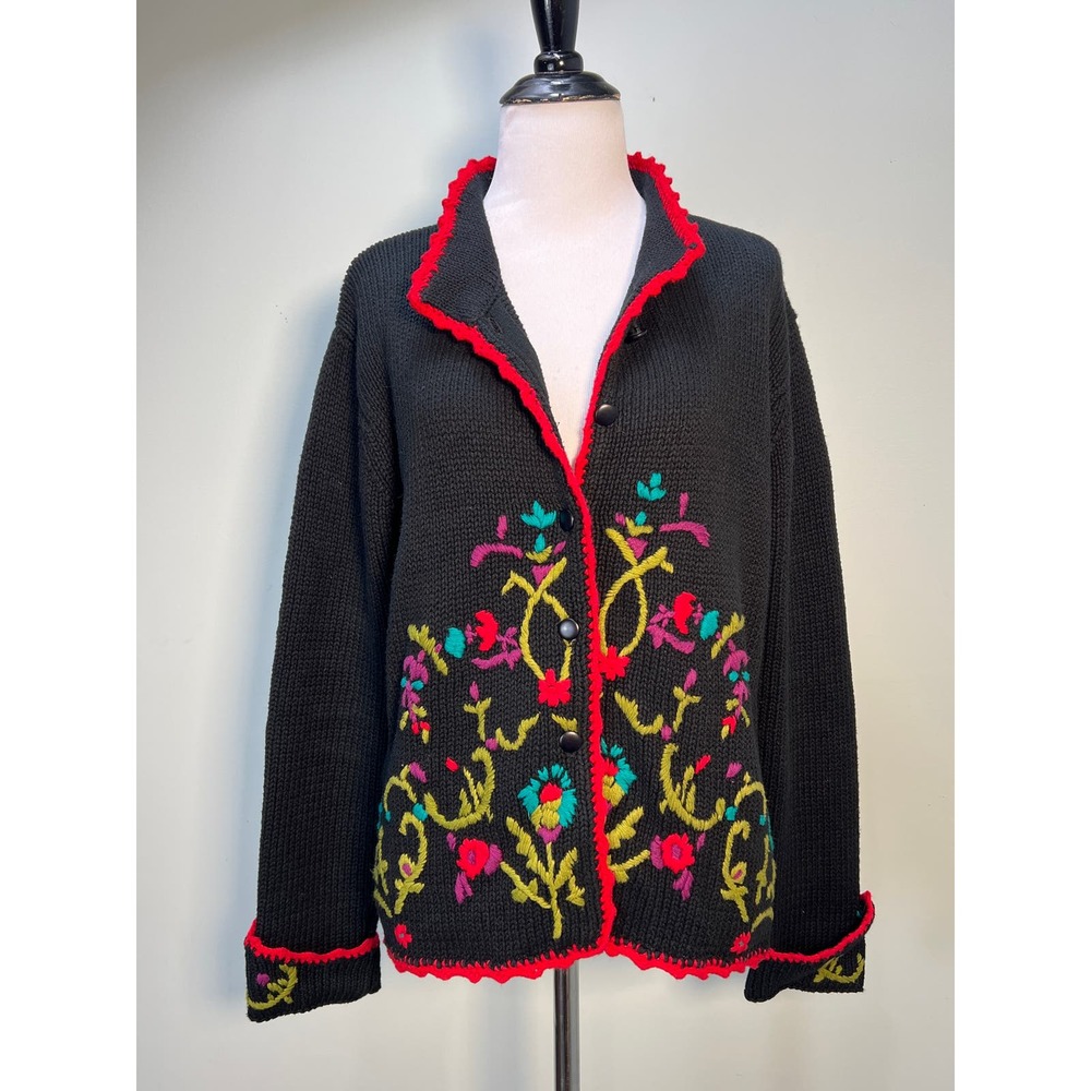Vtg Cardigan Sweater Medium Black Floral Crewel Embroidered Crochet Cottagecore